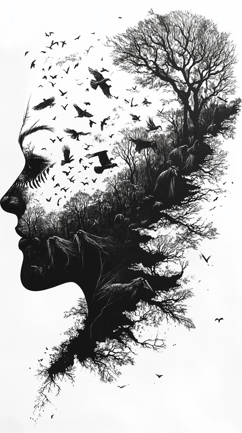 Surreal face silhouette filled with migrating fantasy ecosystem