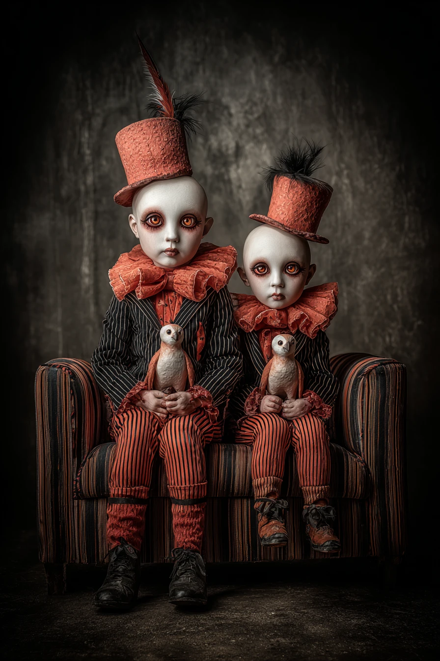 Surreal bird gentlemen seated on an ornate striped sofa