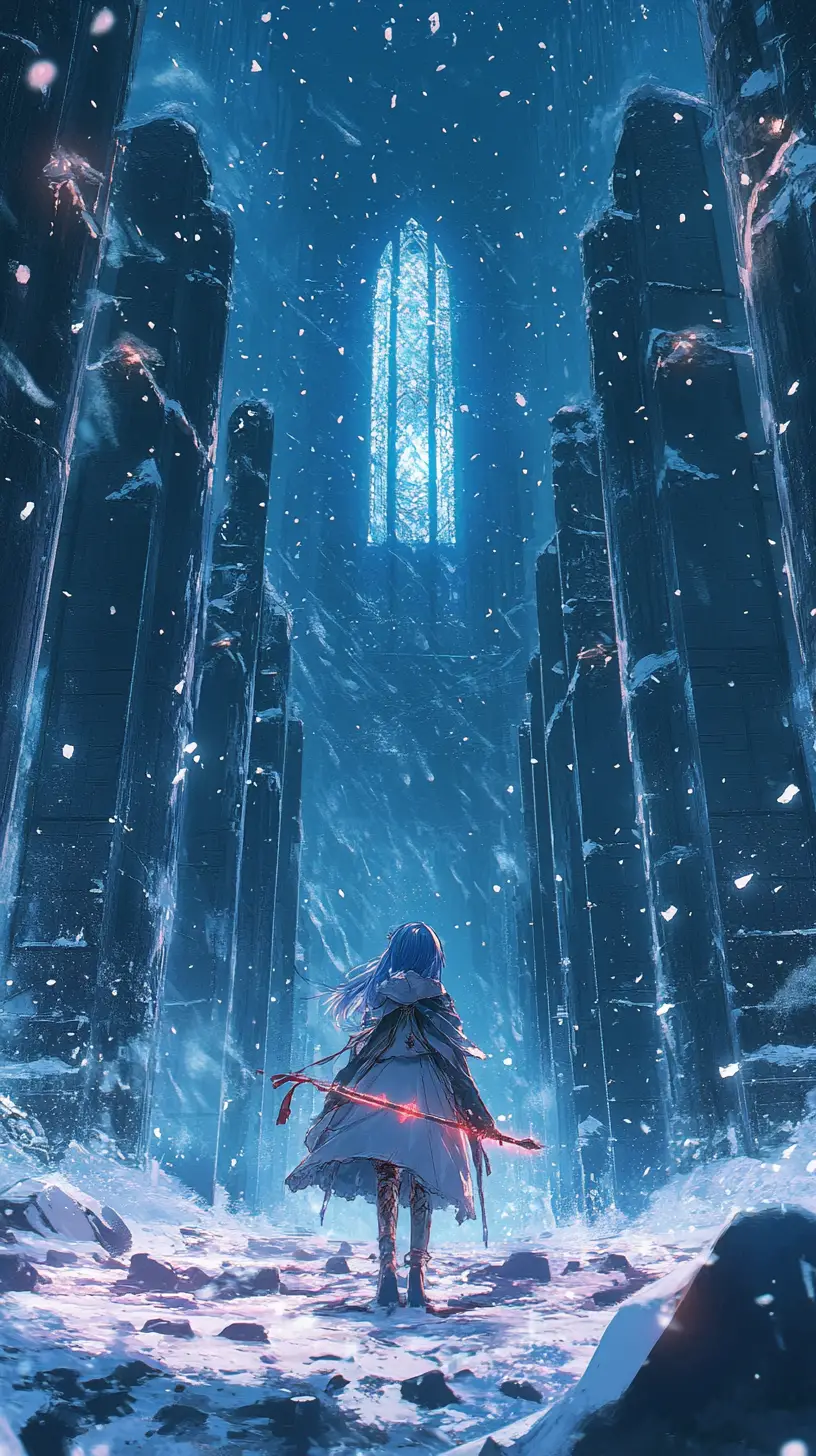 Anime girl in a dark winter hall of blue triangles