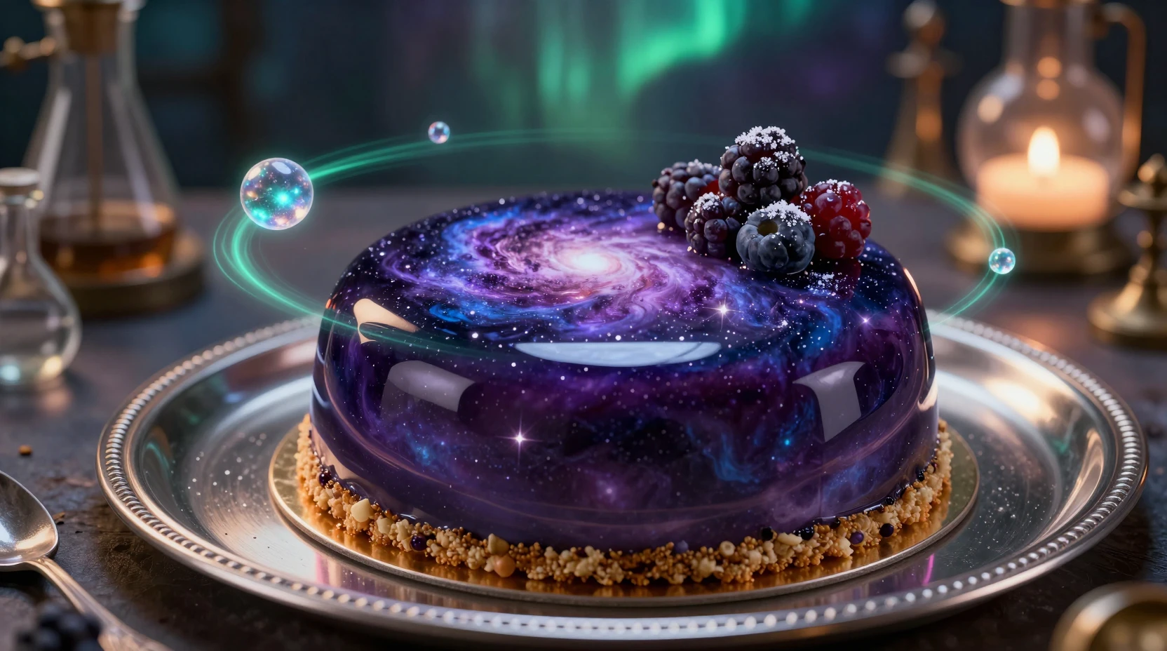 Galaxy mirror glaze cake in a mystical wizard laboratory