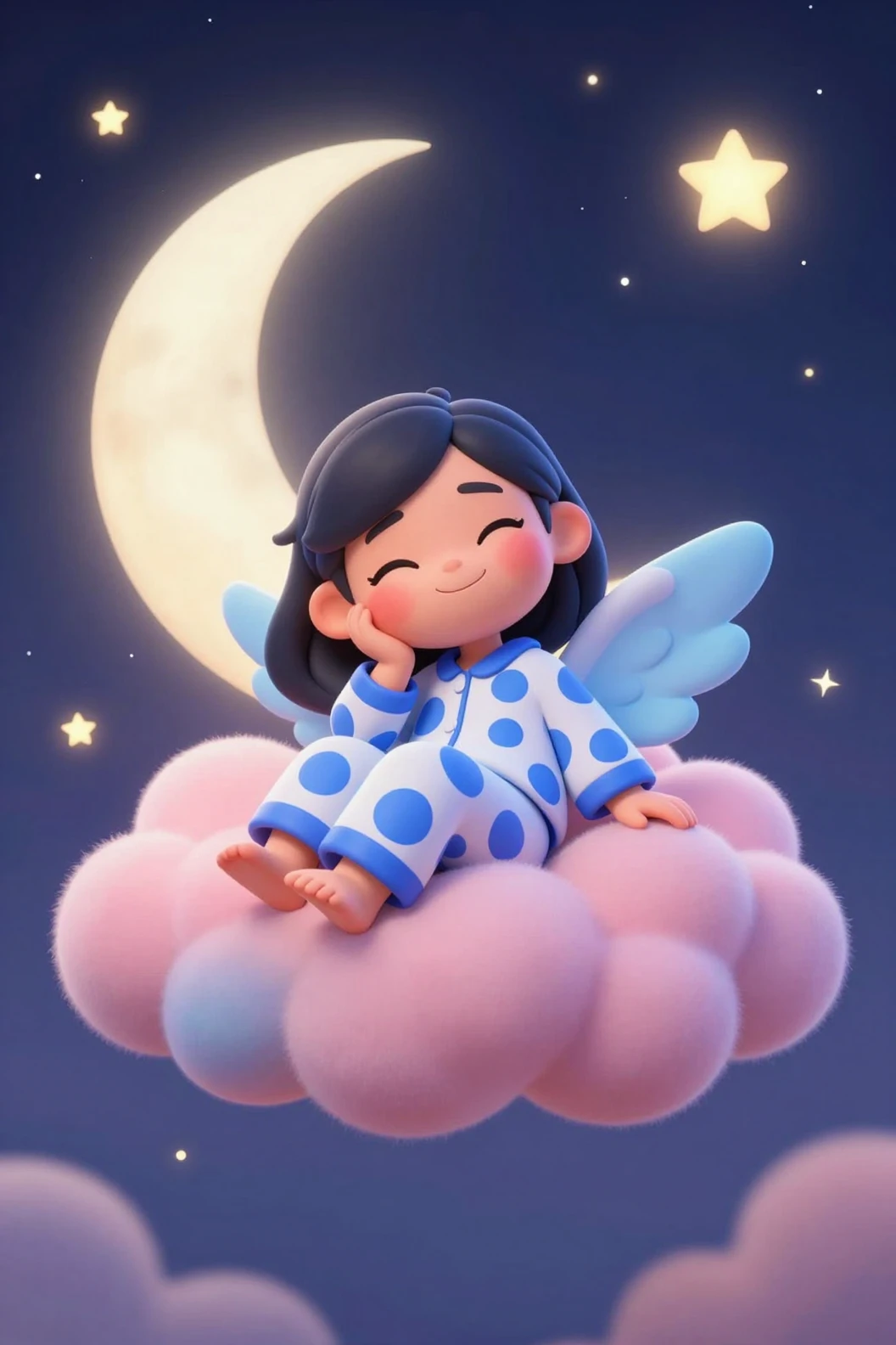 Cute winged girl resting on a fluffy starry cloud