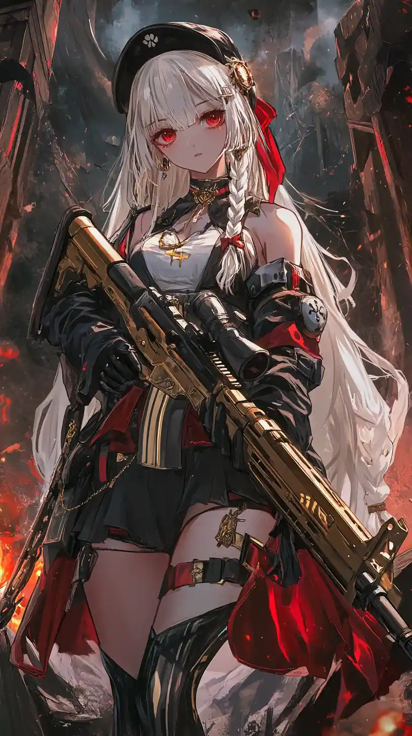 Anime girl aiming a rifle in a ruined war zone