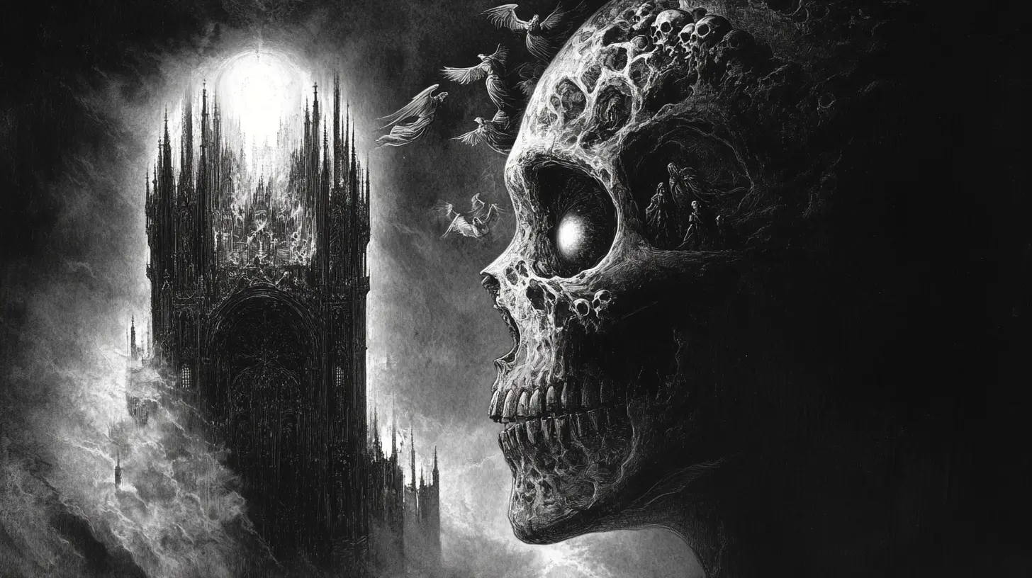 Gothic cathedral carved into a hollow human side profile