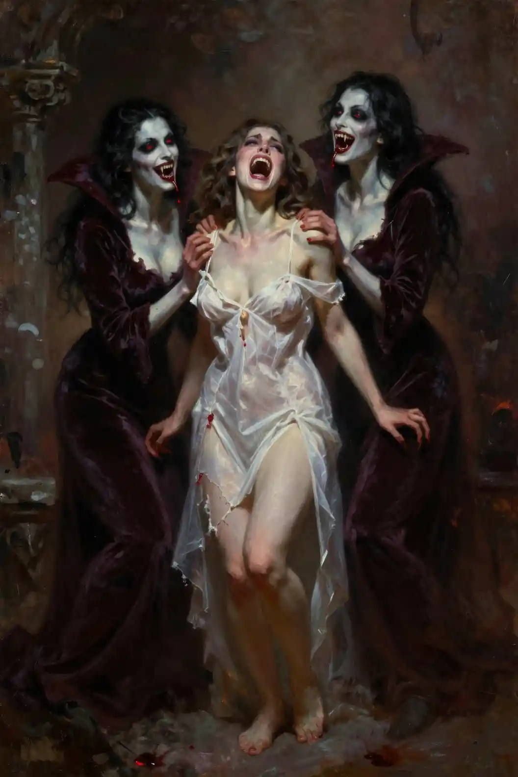 Terrified maiden seized by vampiric women in stone crypt