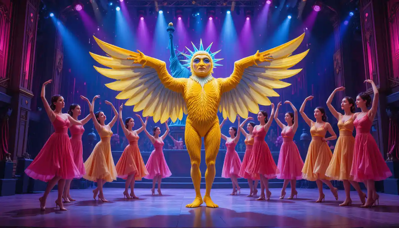 Colorful stage show with yellow bird mascot and dancers