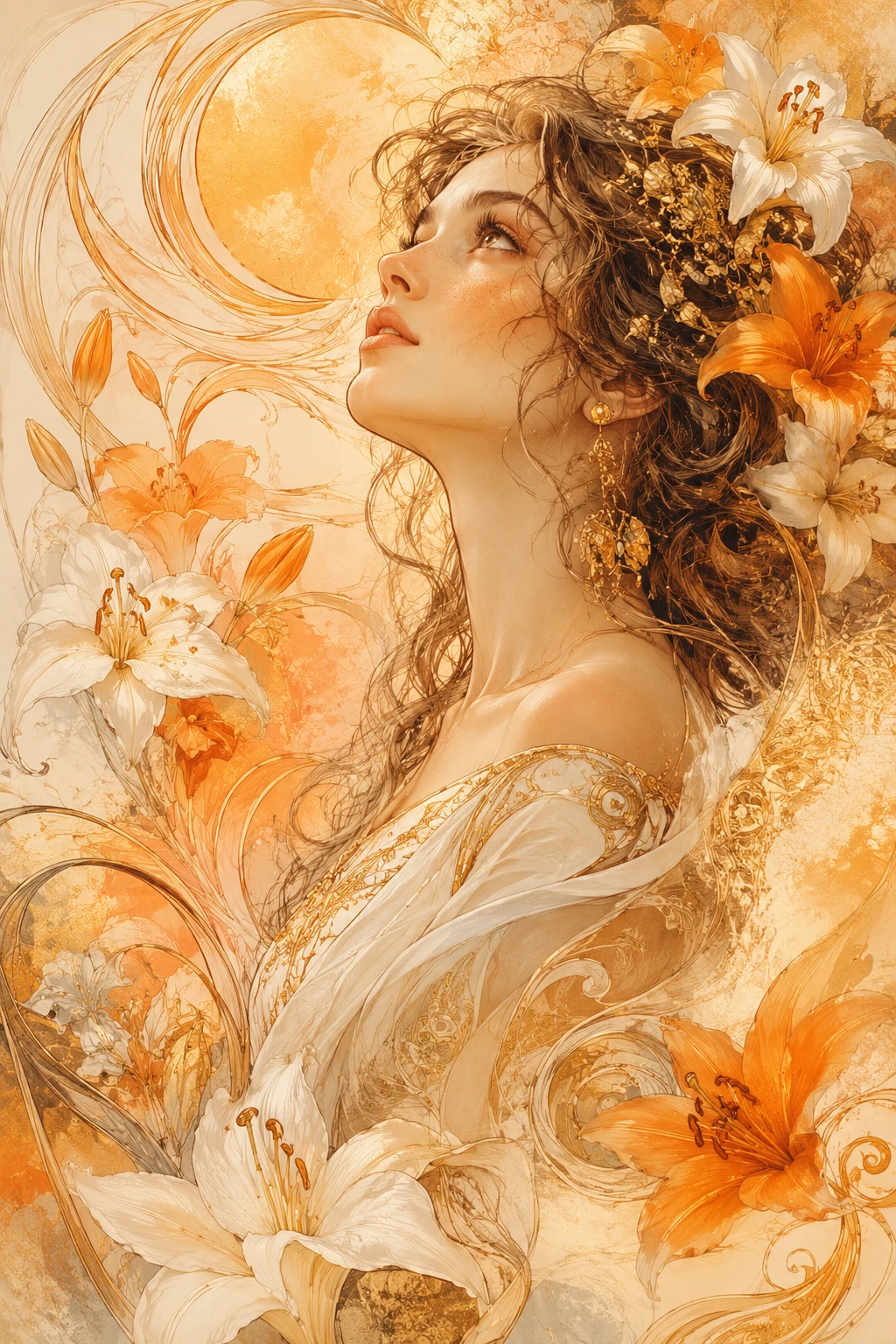 Elegant woman with white and orange lilies in art nouveau moodboard