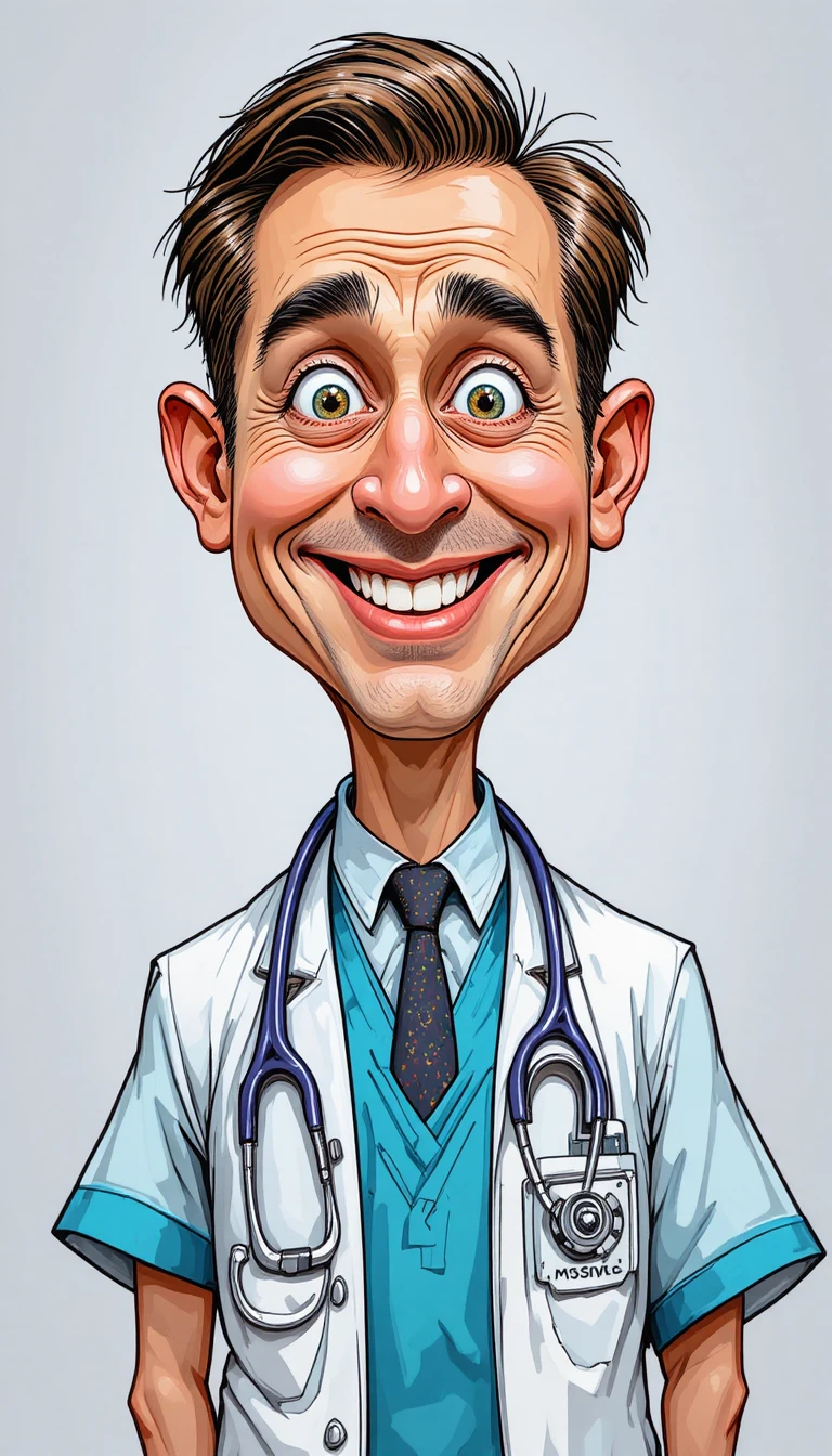Colorful cartoon caricature of a humorous doctor character