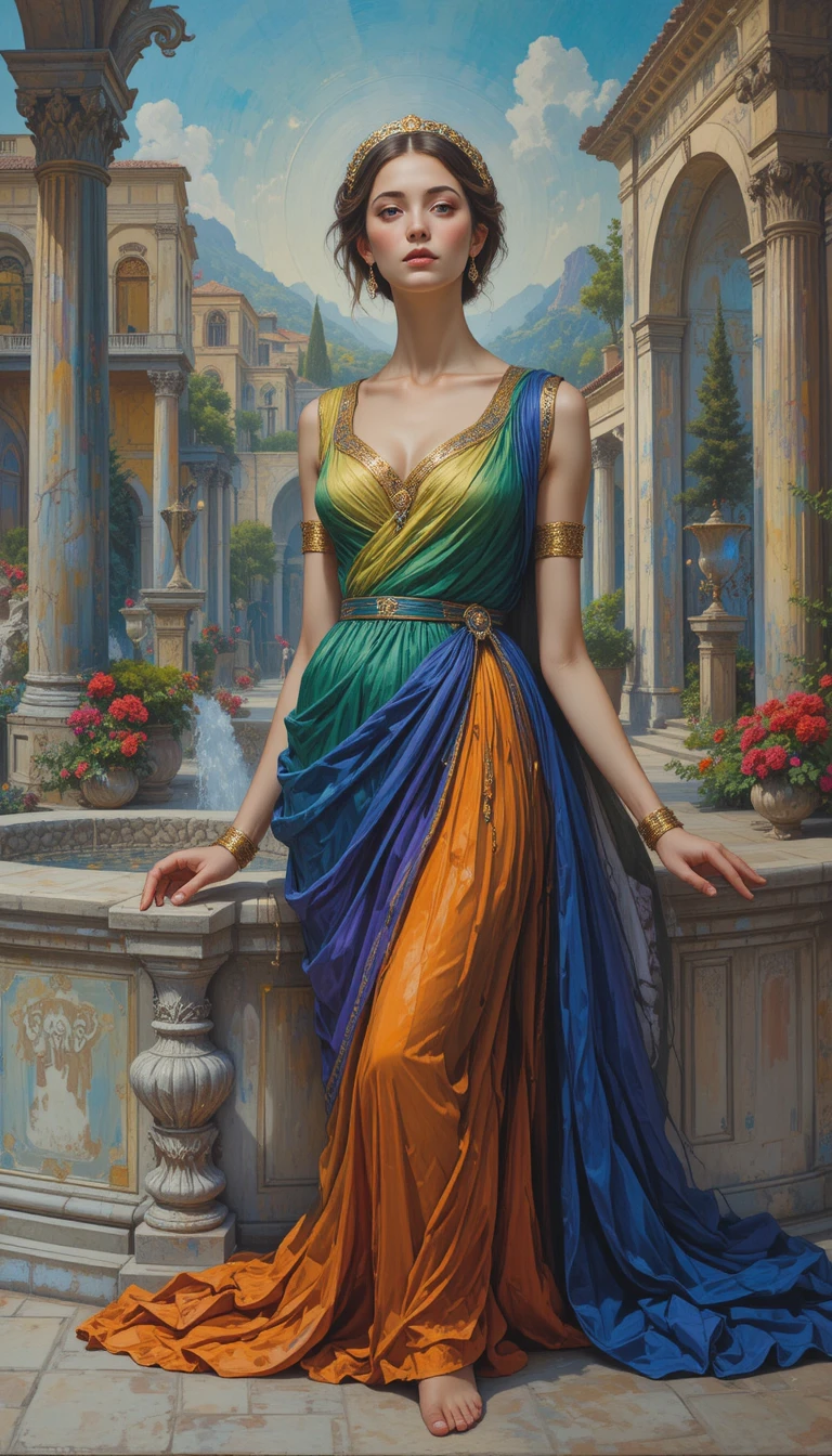 Mediterranean woman in flowing robes at sunset terrace