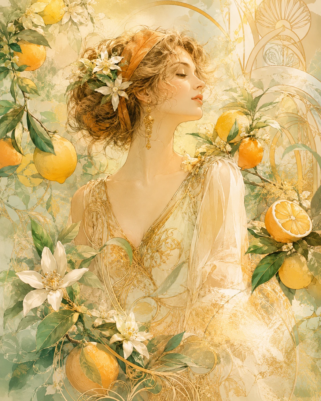 Elegant woman among citrus trees in art nouveau style