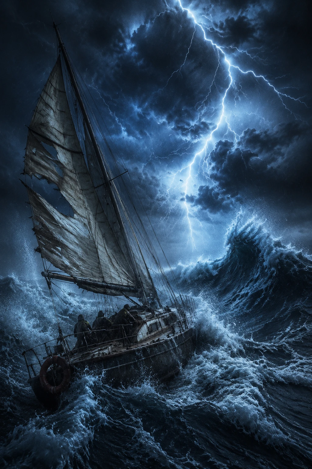 Small sailboat fighting towering waves in lightning storm
