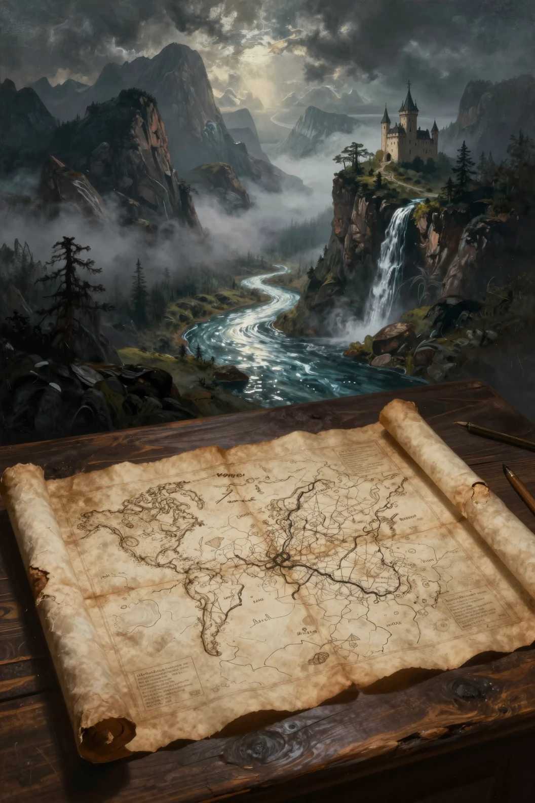 Ancient parchment map on dark wooden table with fantasy lands