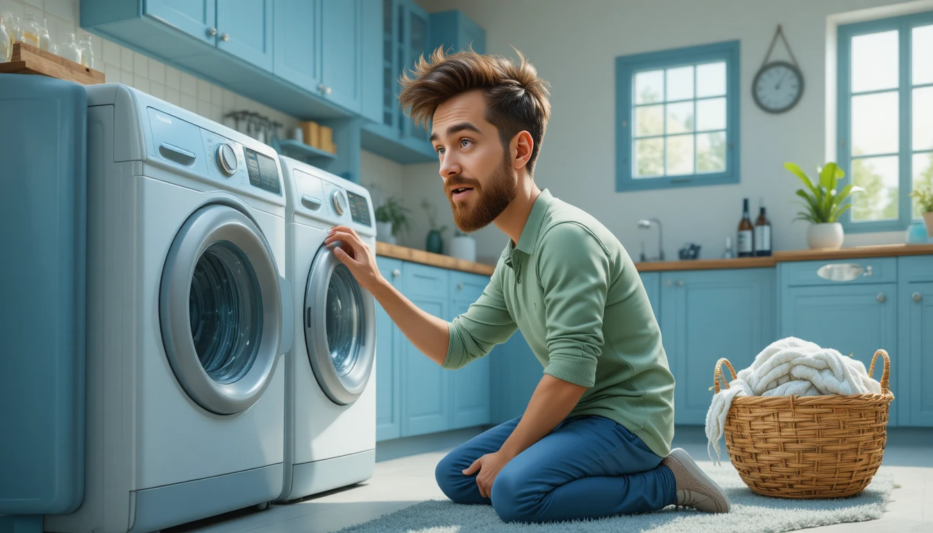 Man adjusting washing machine in a calm laundry room