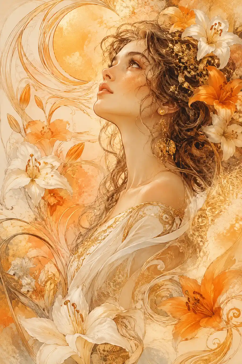 Elegant woman with white and orange lilies in art nouveau moodboard
