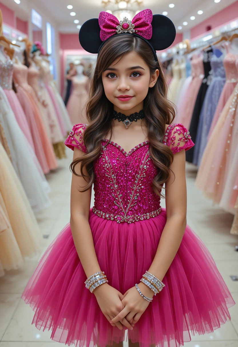 Embarrassed young girl in pink Minnie Mouse dress