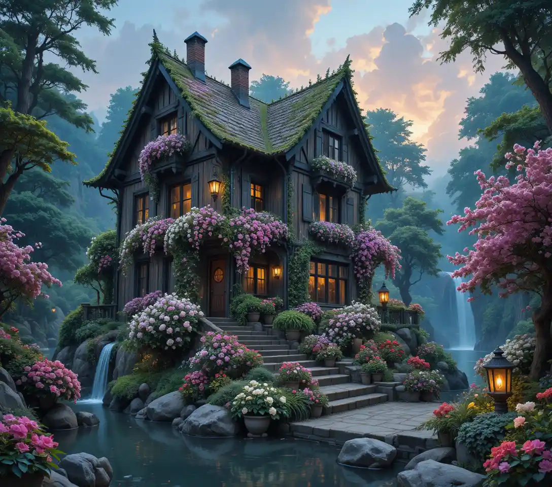 Fairy tale wooden house covered in lush blooming flowers
