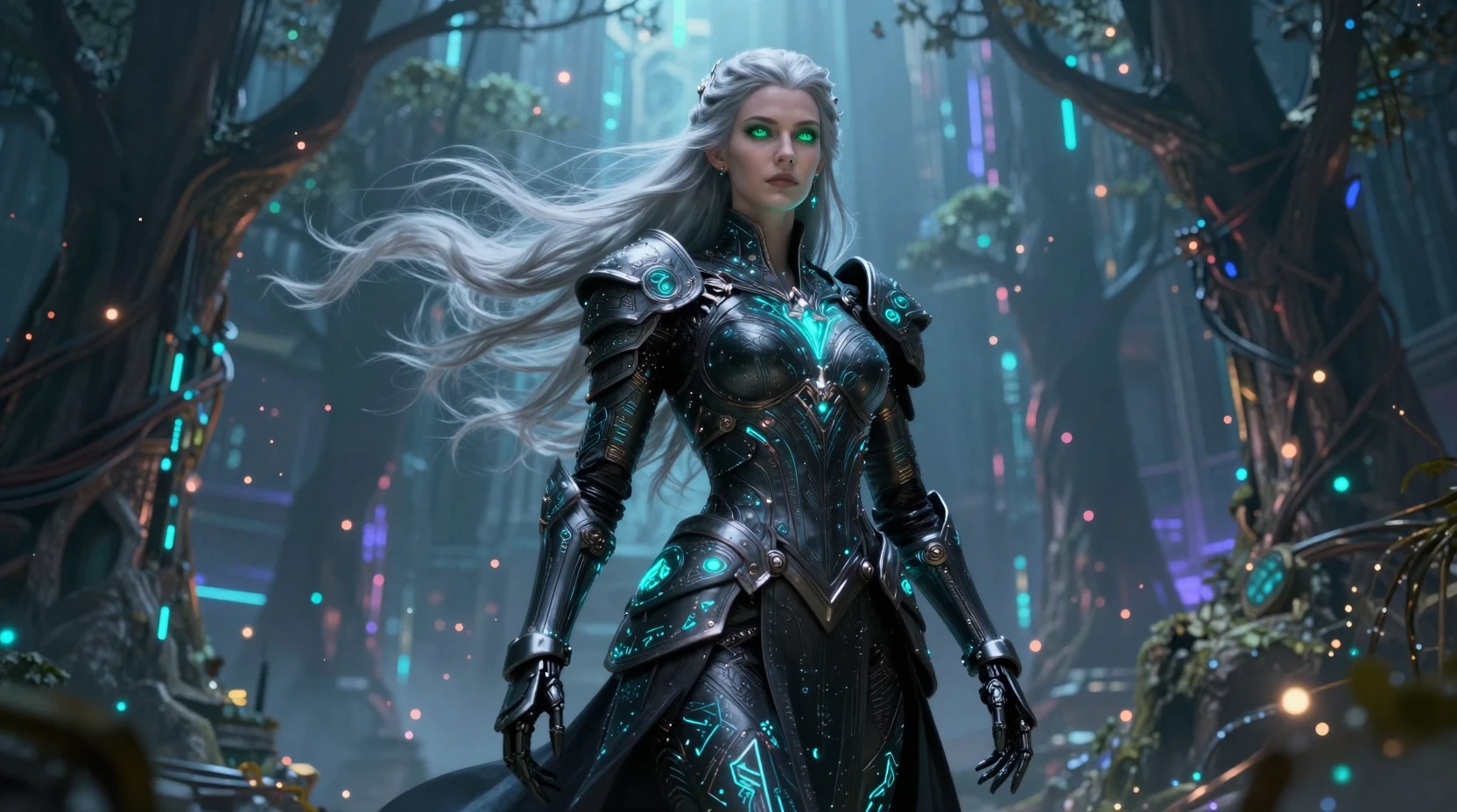 Elven queen in cybernetic armor in neon fantasy city