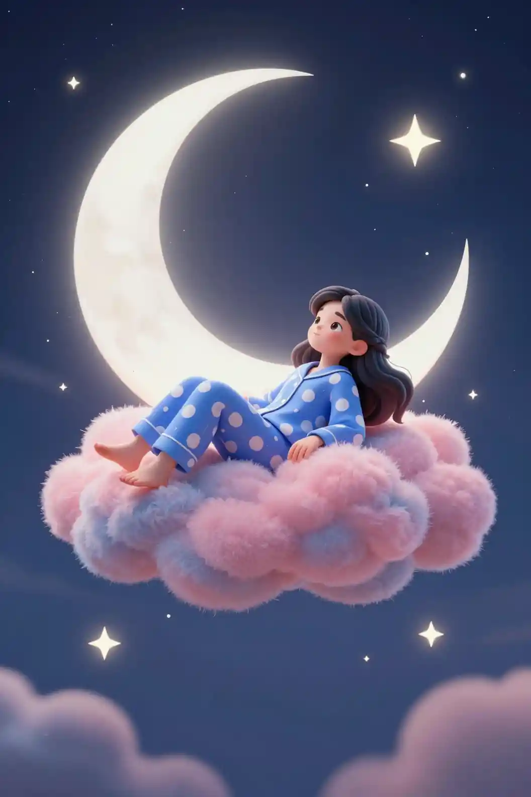 Cute girl resting on fluffy clouds in dreamy night sky
