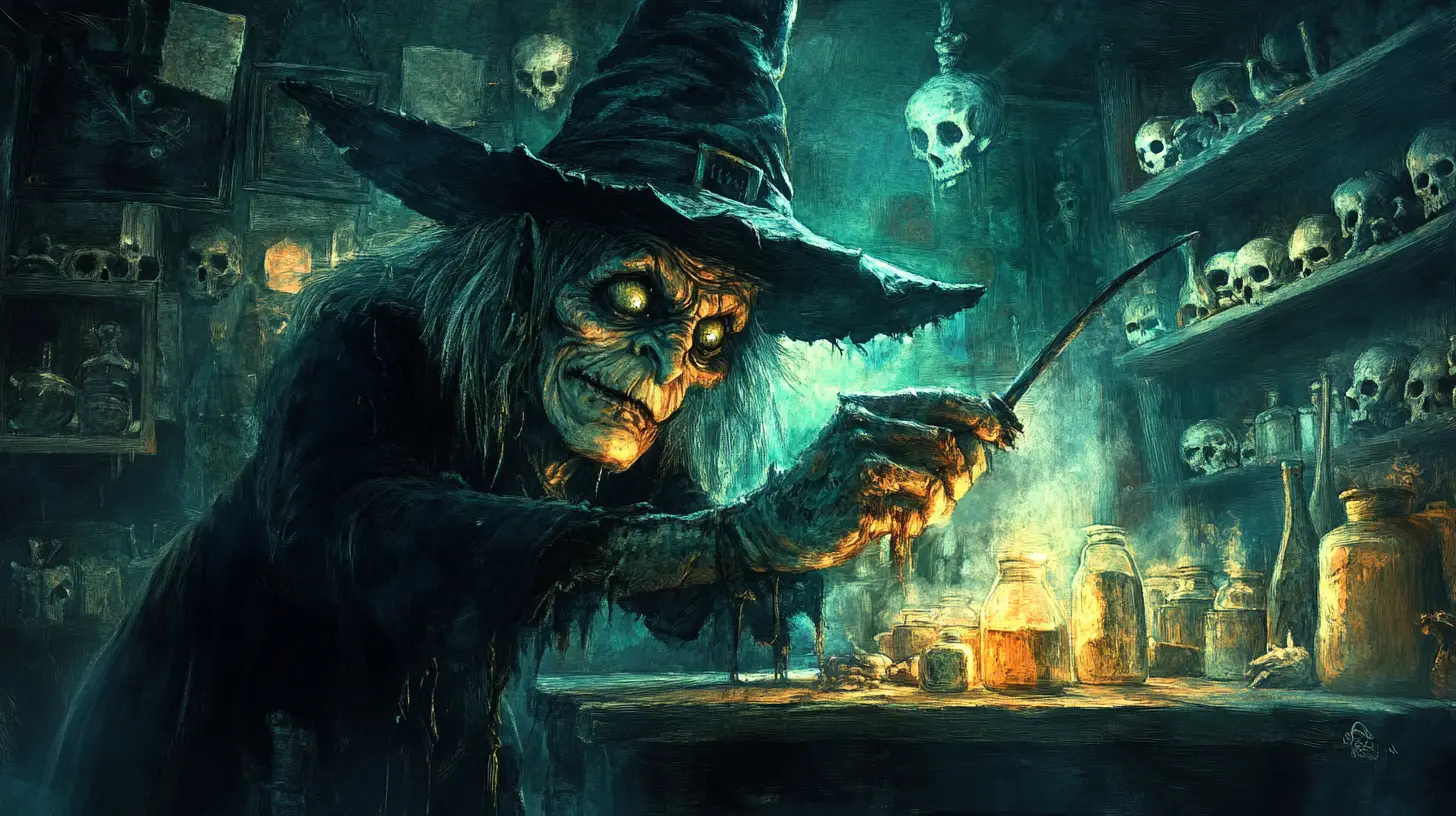 Evil witch brewing a dark potion in a conjuring room