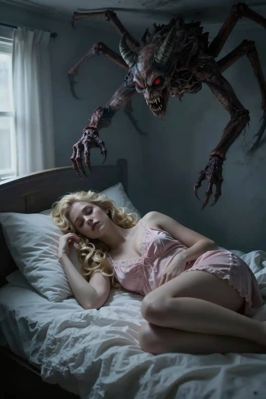Woman sleeping in bed as demonic creature crawls above