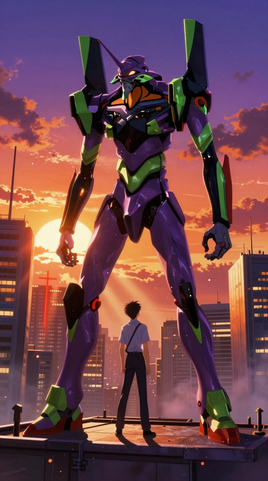 Piloto de anime frente a un mecha colosal en una Tokio futurista
