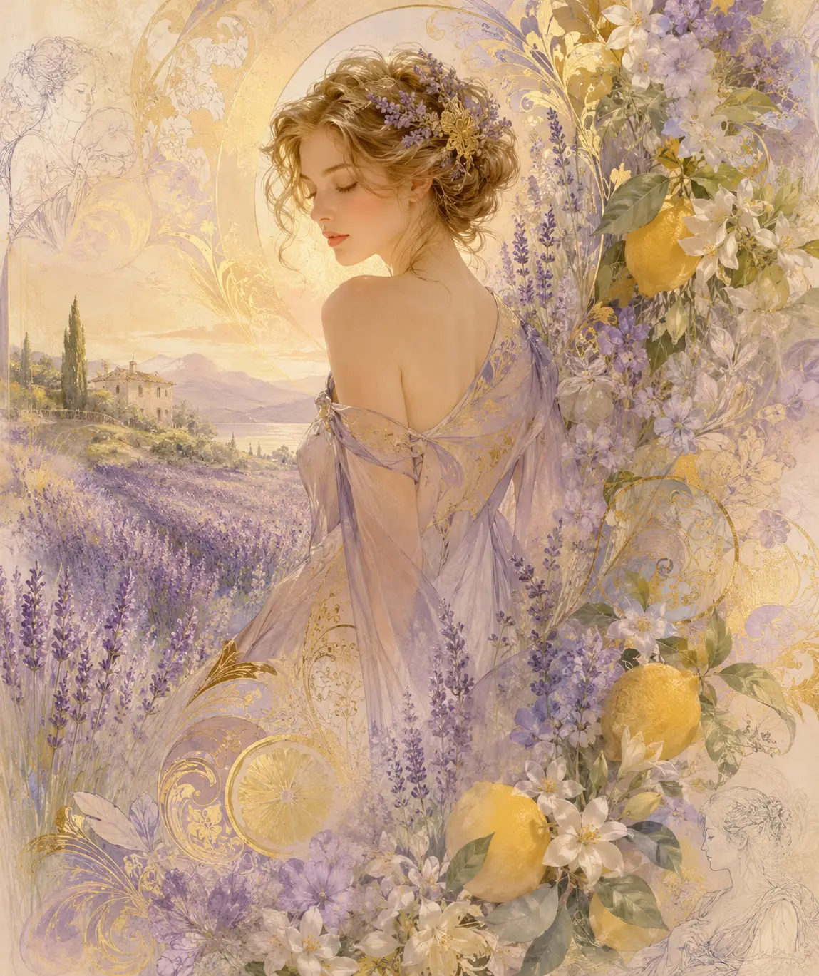 Elegant woman standing in dreamy lavender flower field