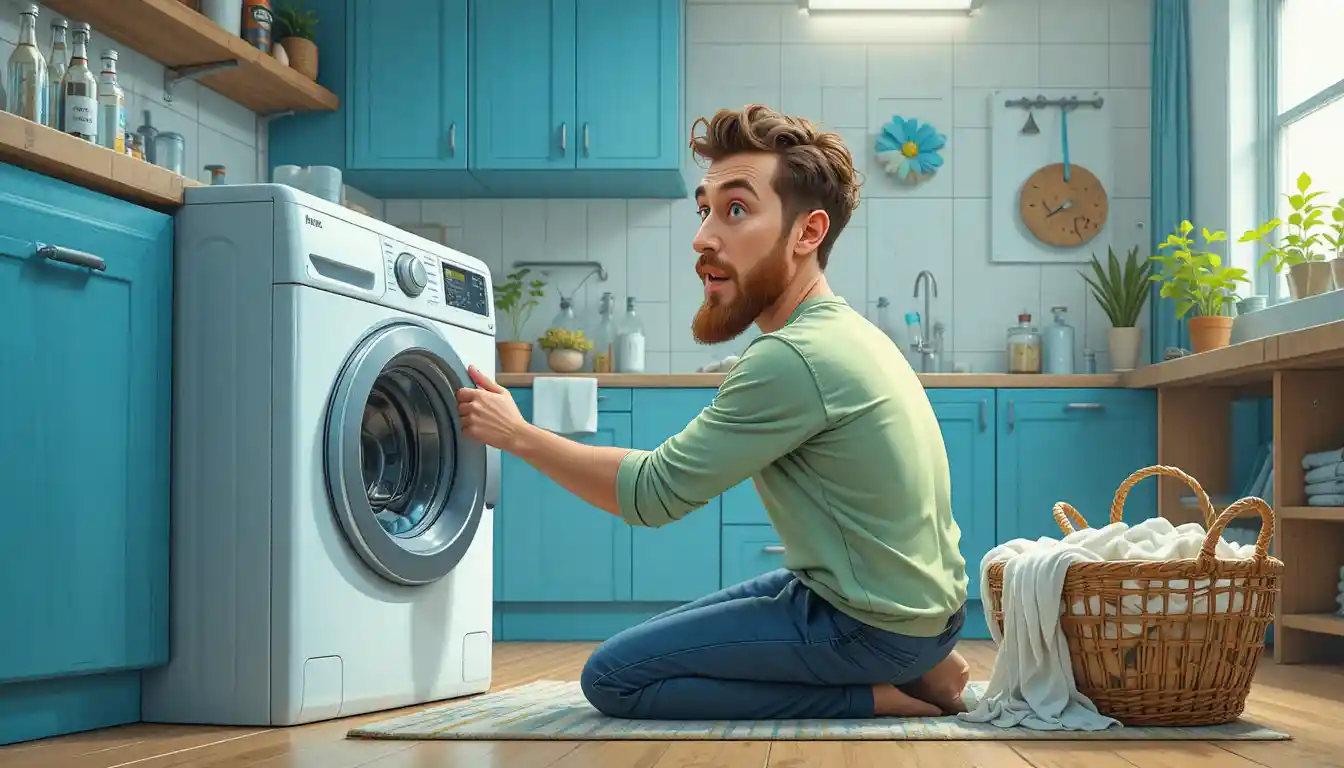 Man adjusting washing machine controls in cozy laundry room