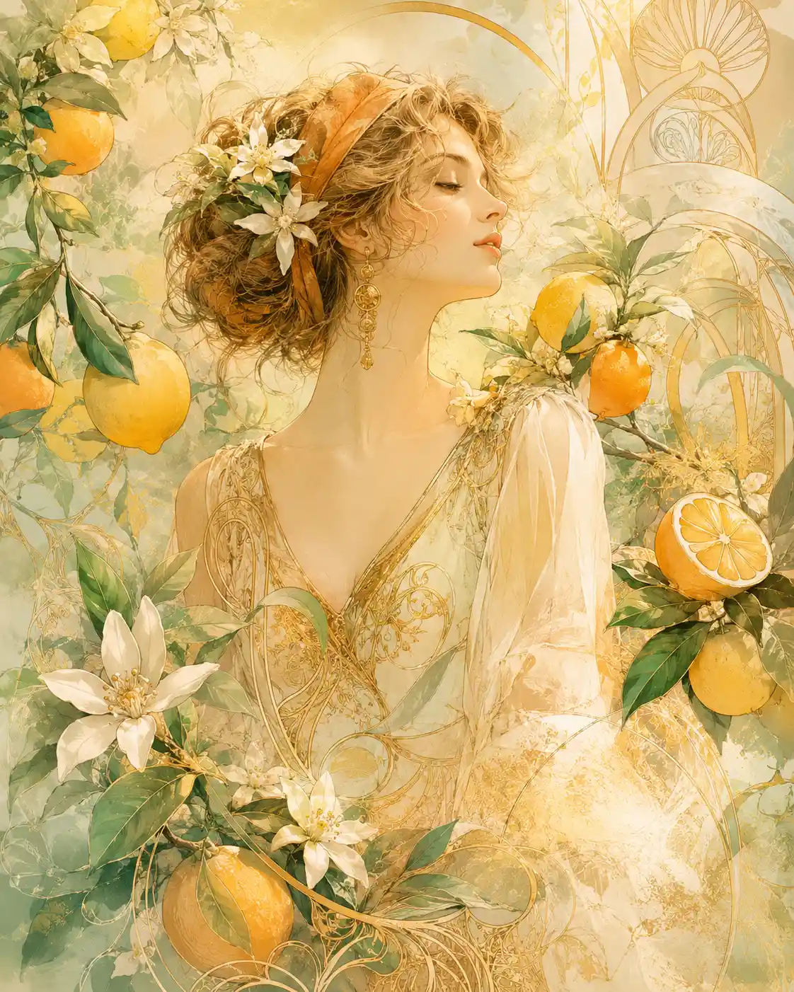 Elegant woman among citrus trees in art nouveau style