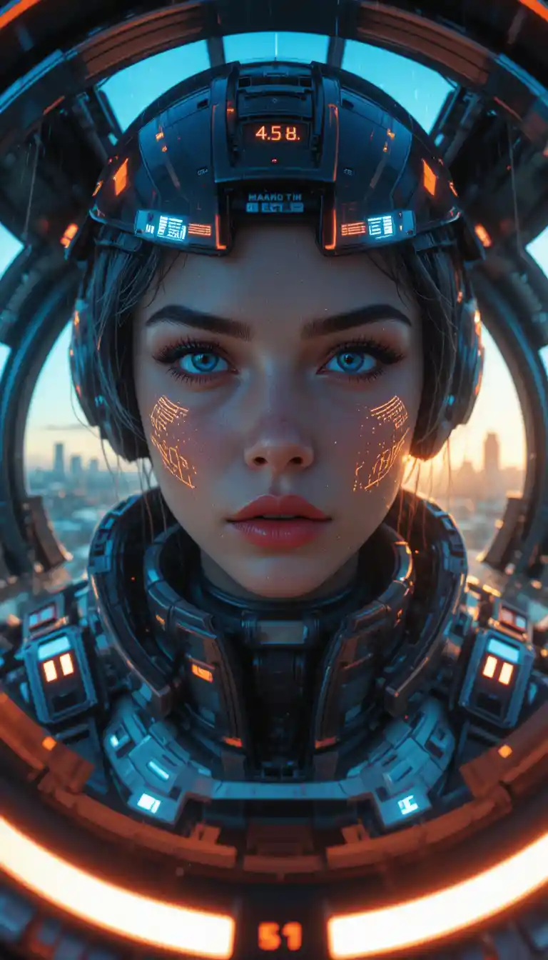Focused female pilot in a neon lit mecha cockpit