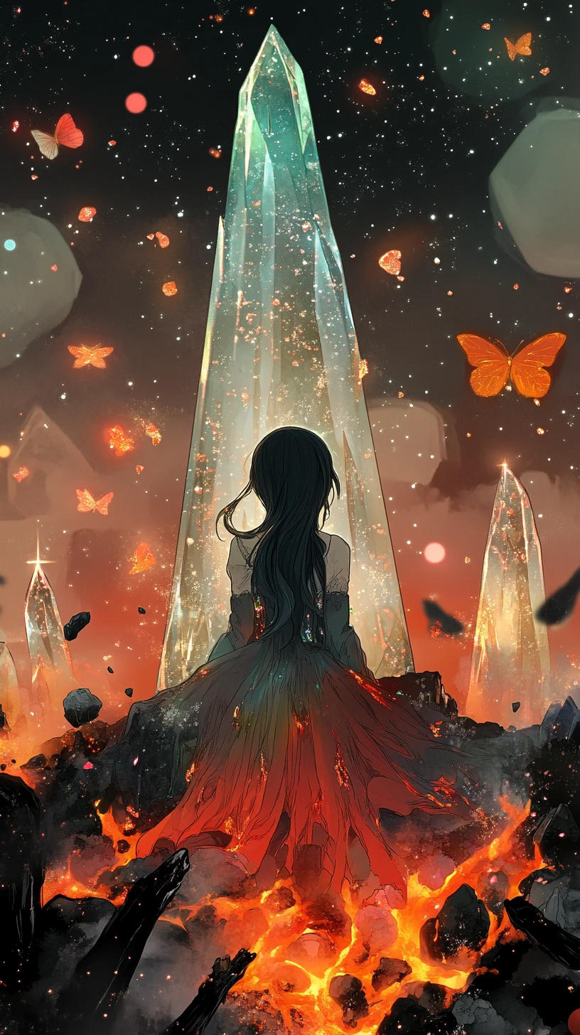 Anime girl sleeping inside a bright crystal in darkness