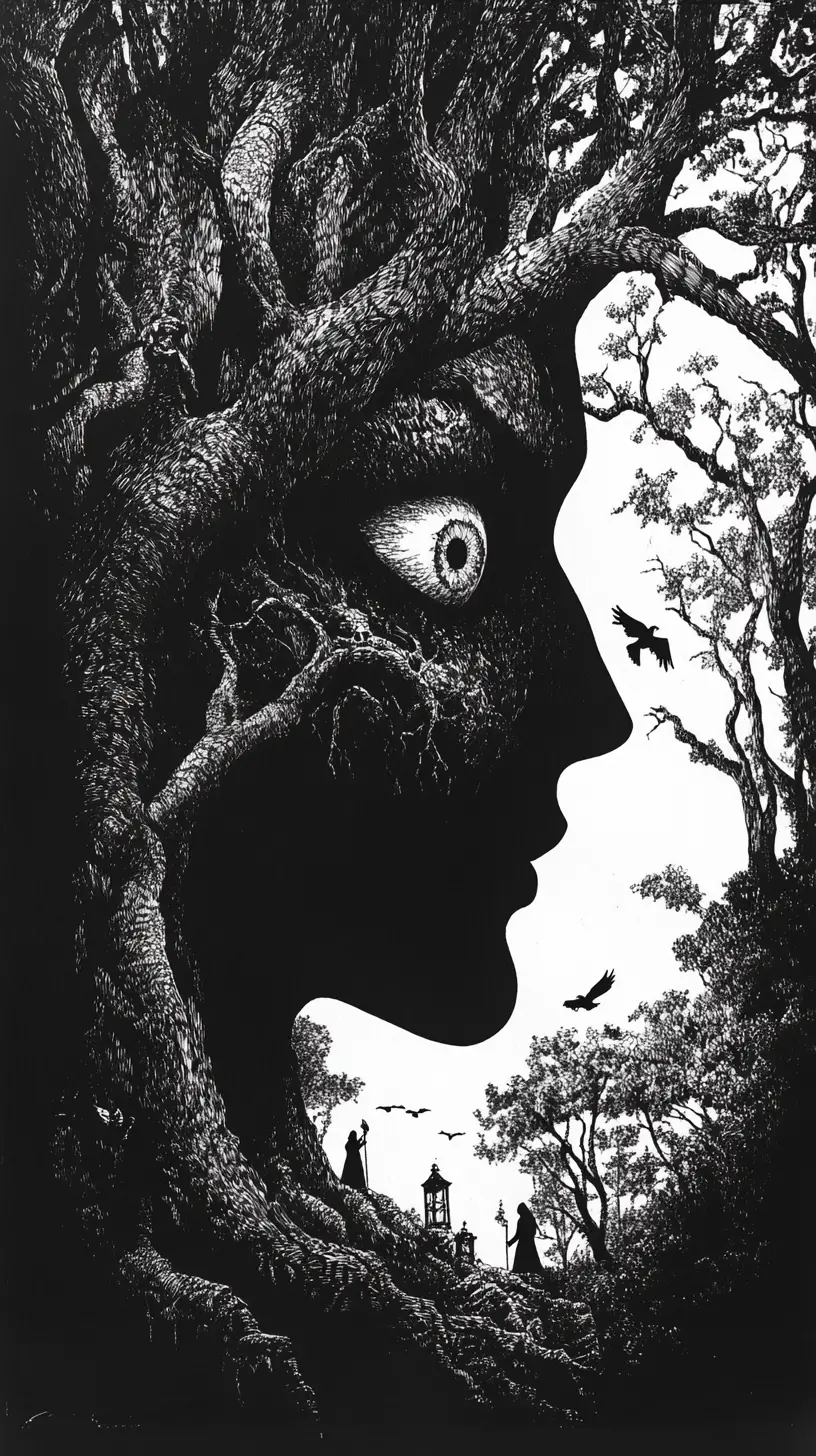 Human Silhouette Filled With Enchanted Forest And Hidden Faces
