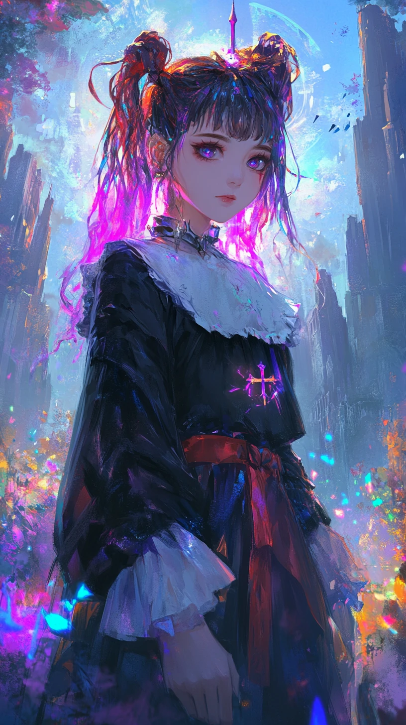 Chica de anime triste con espada brillante y alas etéreas