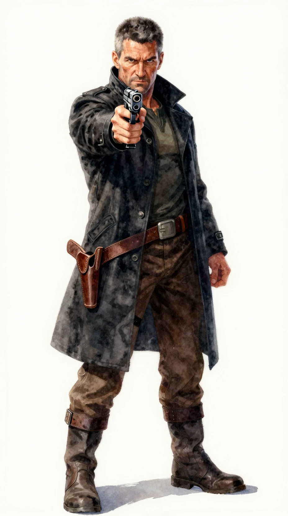 Armed middle aged man aiming futuristic pistol forward