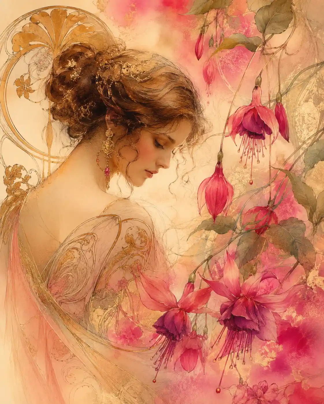 Elegant woman with fuchsia flowers in flowing art nouveau style