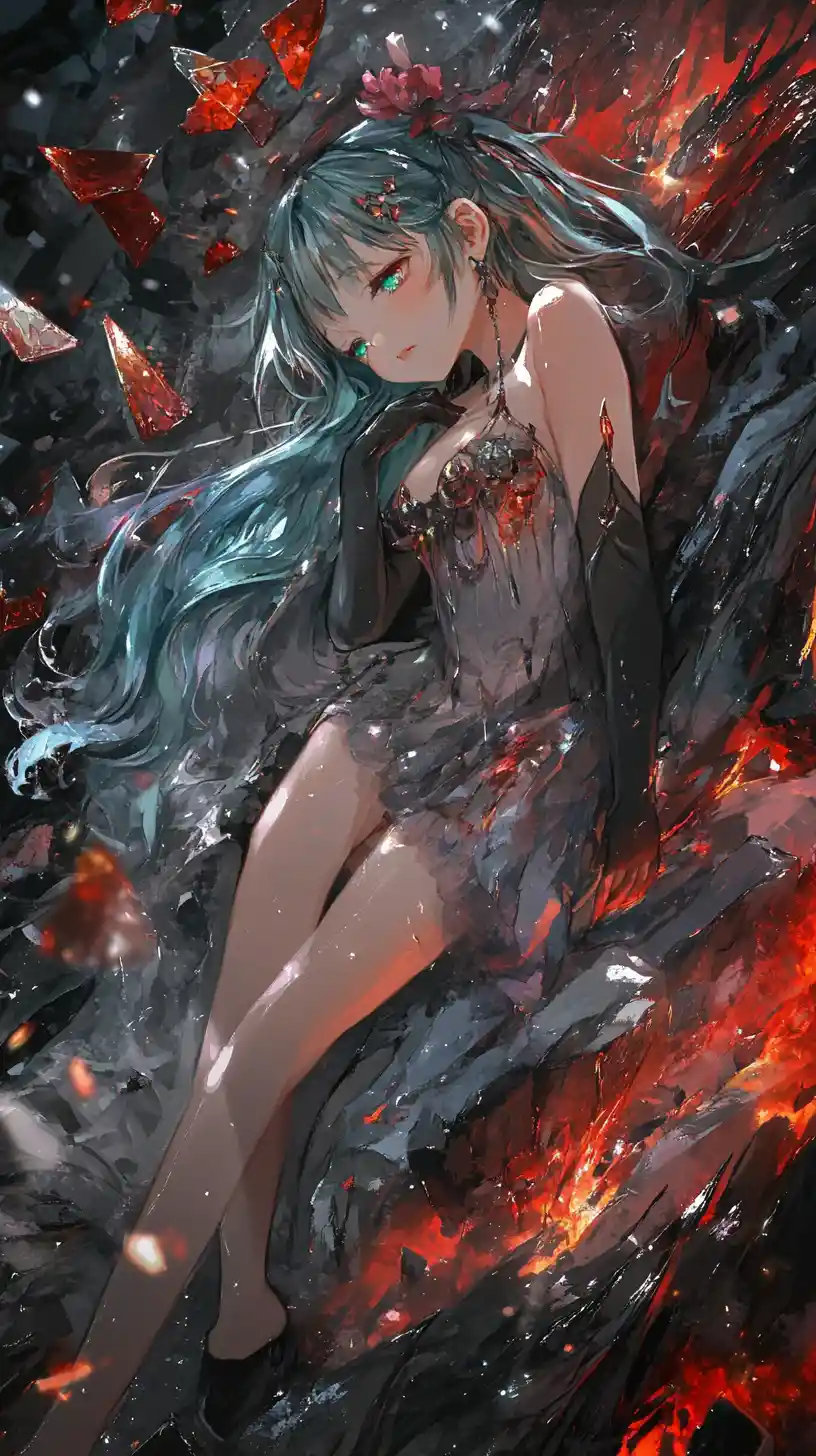 Girl sleeping in a bright crystal above lava and dark rocks