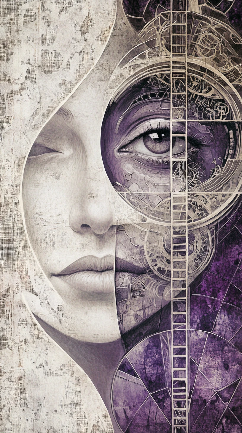 Surreal biomechanical face with fragmented ornamental structures
