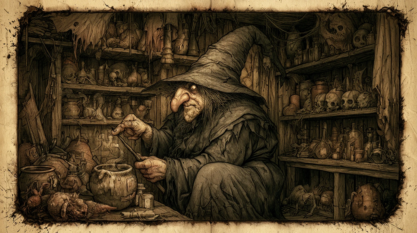 Sinister witch brewing a dark potion in cluttered lair