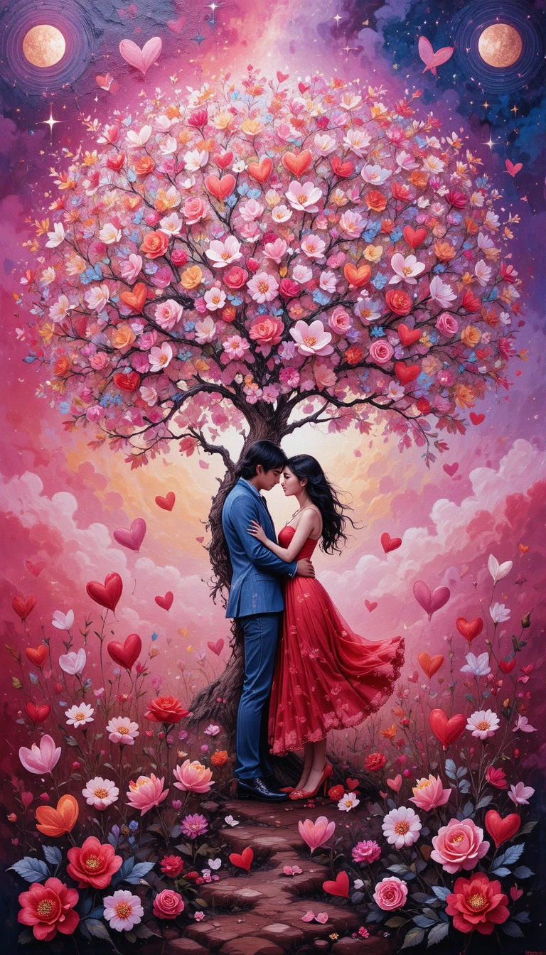 Romantic couple embracing beneath a blossoming tree
