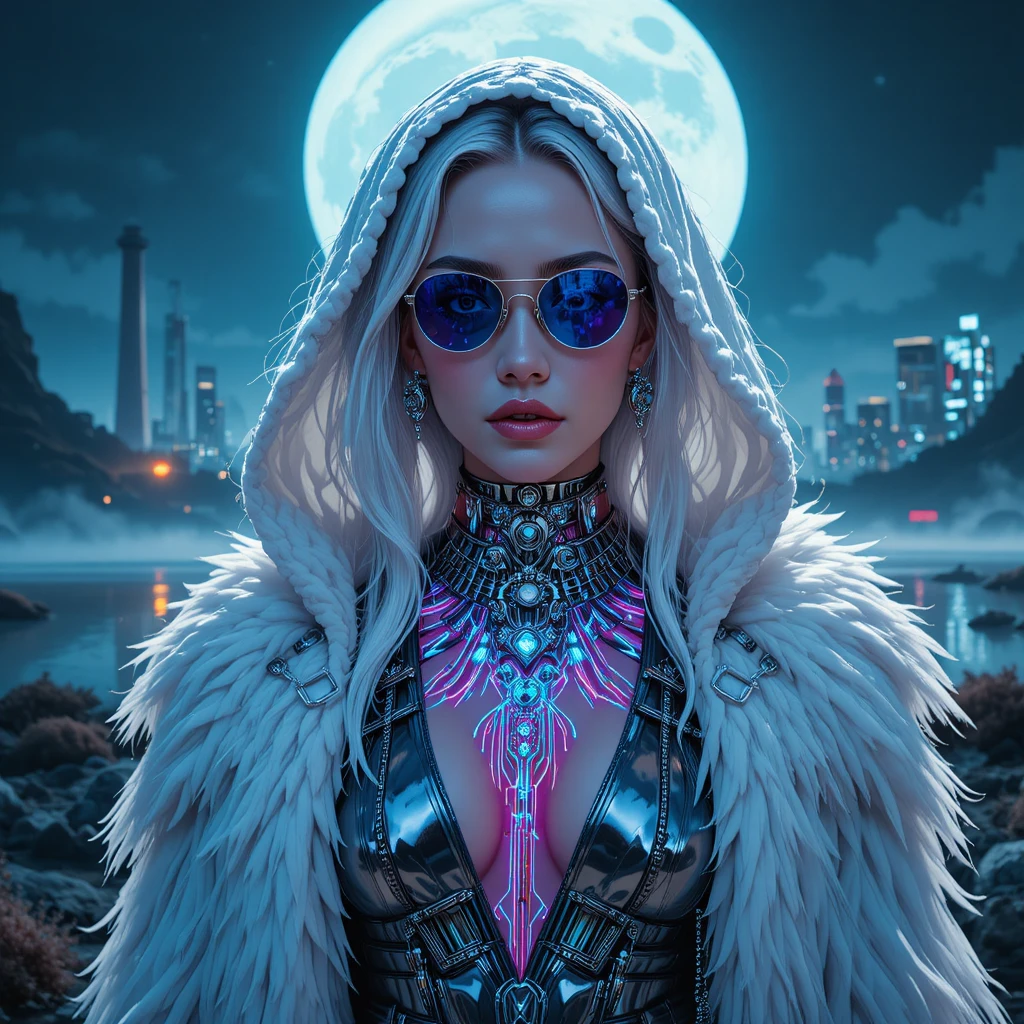 Futuristic queen portrait with neon circuitry tattoos