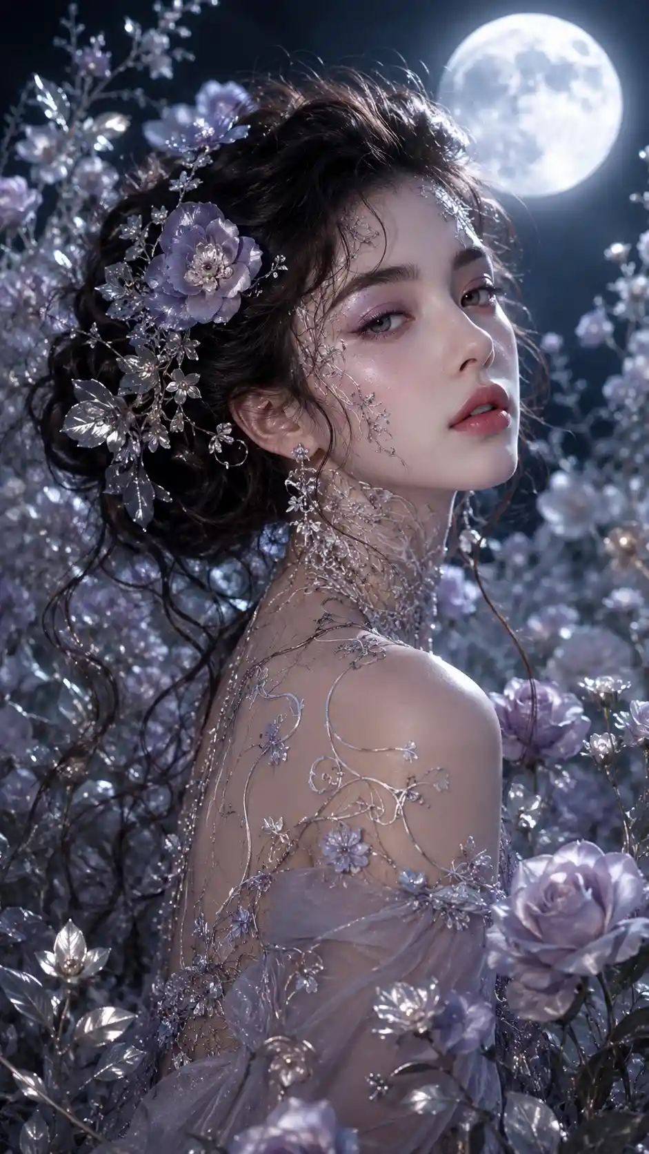 Ethereal woman emerging from silver garden under moonlight