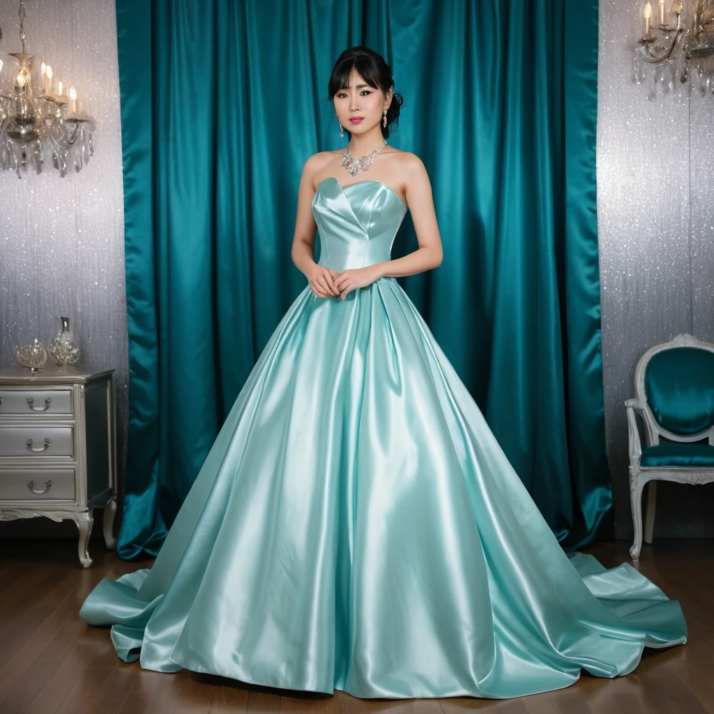 Elegant girl in glossy turquoise satin ballgown indoors