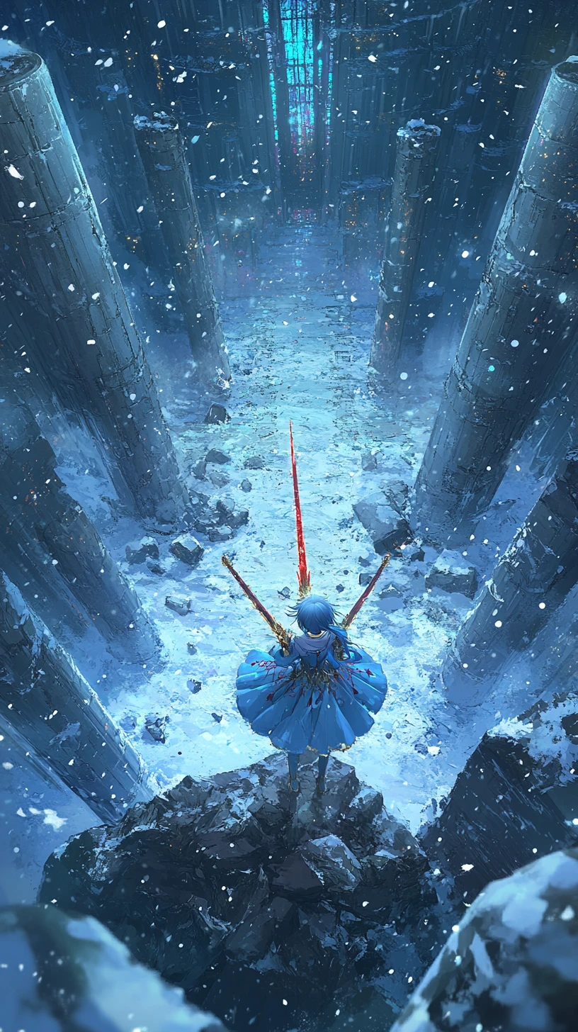 Anime girl in a dark winter hall with glowing sword