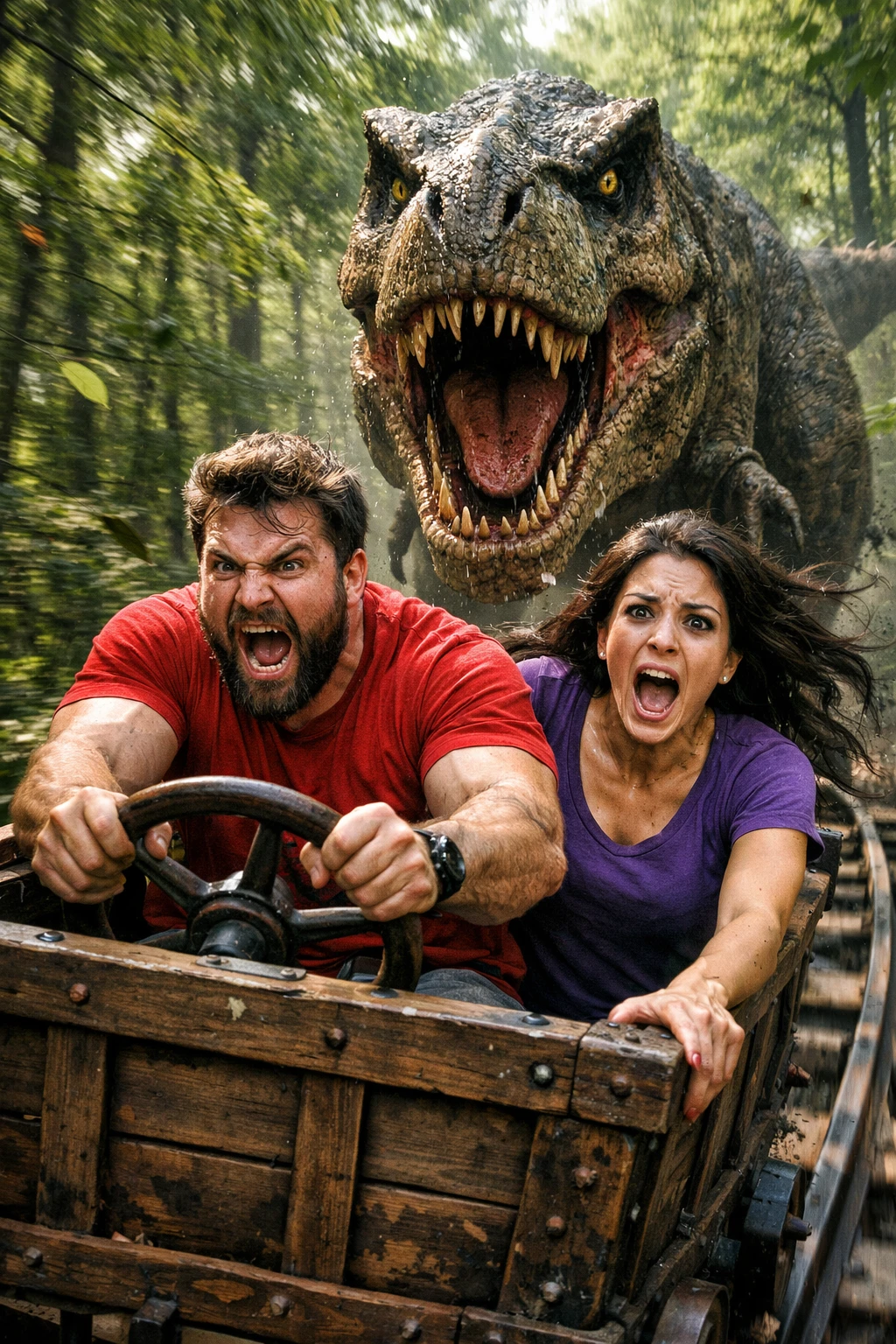 Pareja aterrorizada huyendo de un T-Rex en el bosque