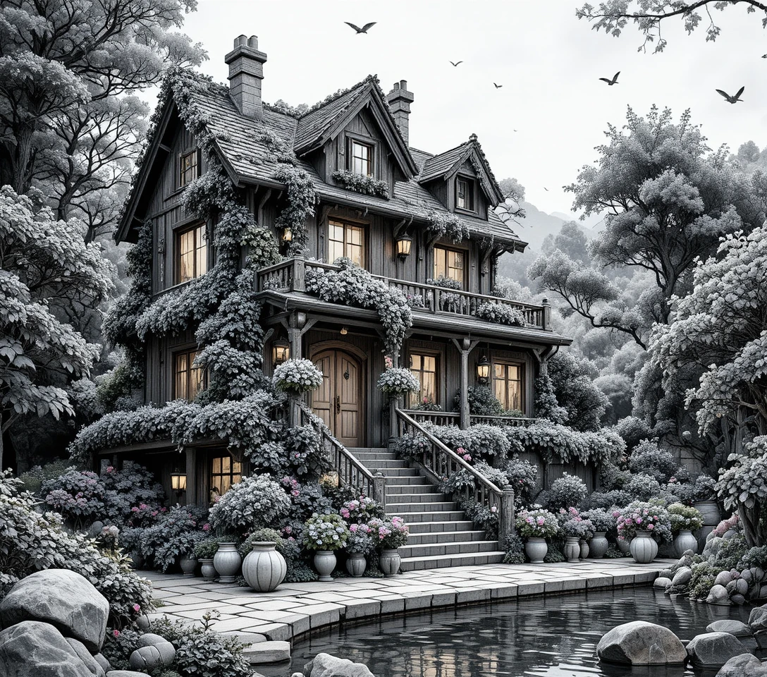 Fairy tale wooden house covered in cascading garden flowers