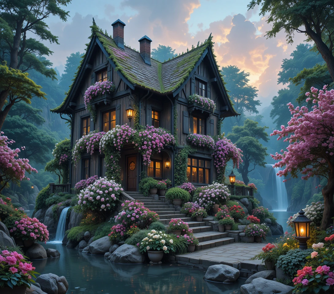 Fairy tale wooden house covered in lush blooming flowers