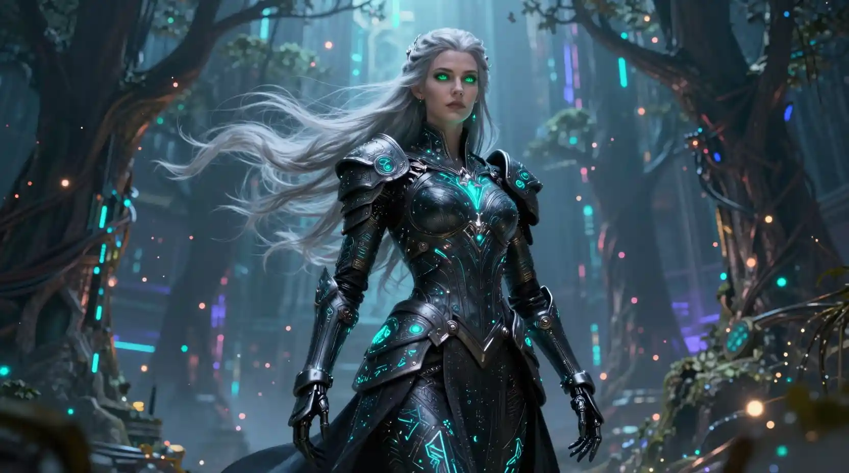 Elven queen in cybernetic armor in neon fantasy city