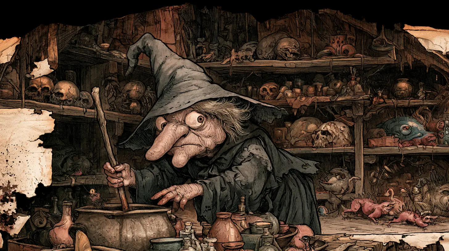 Wicked witch brewing a dark potion in a magic room