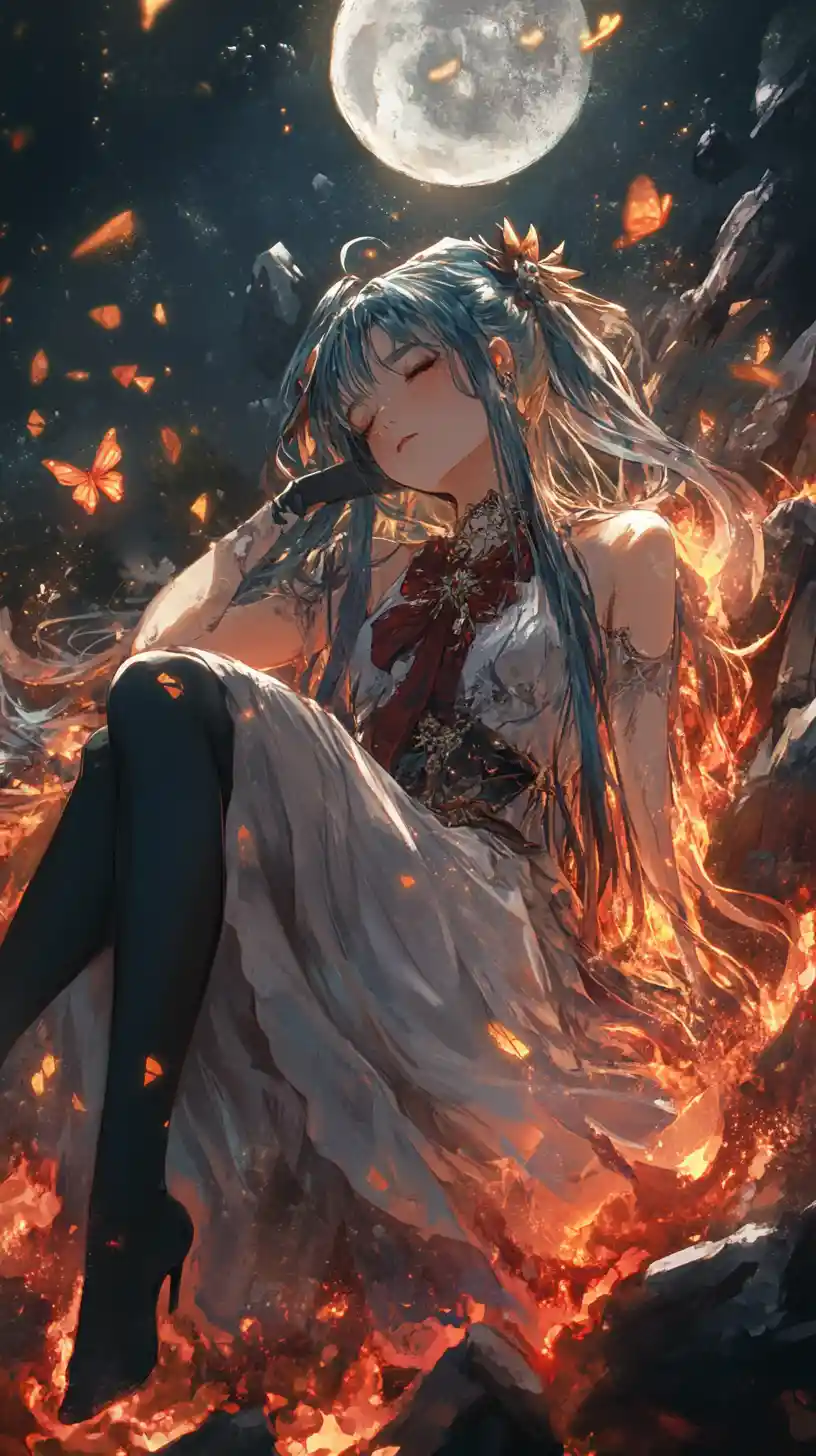 Anime girl sleeping in crystal above dark lava landscape
