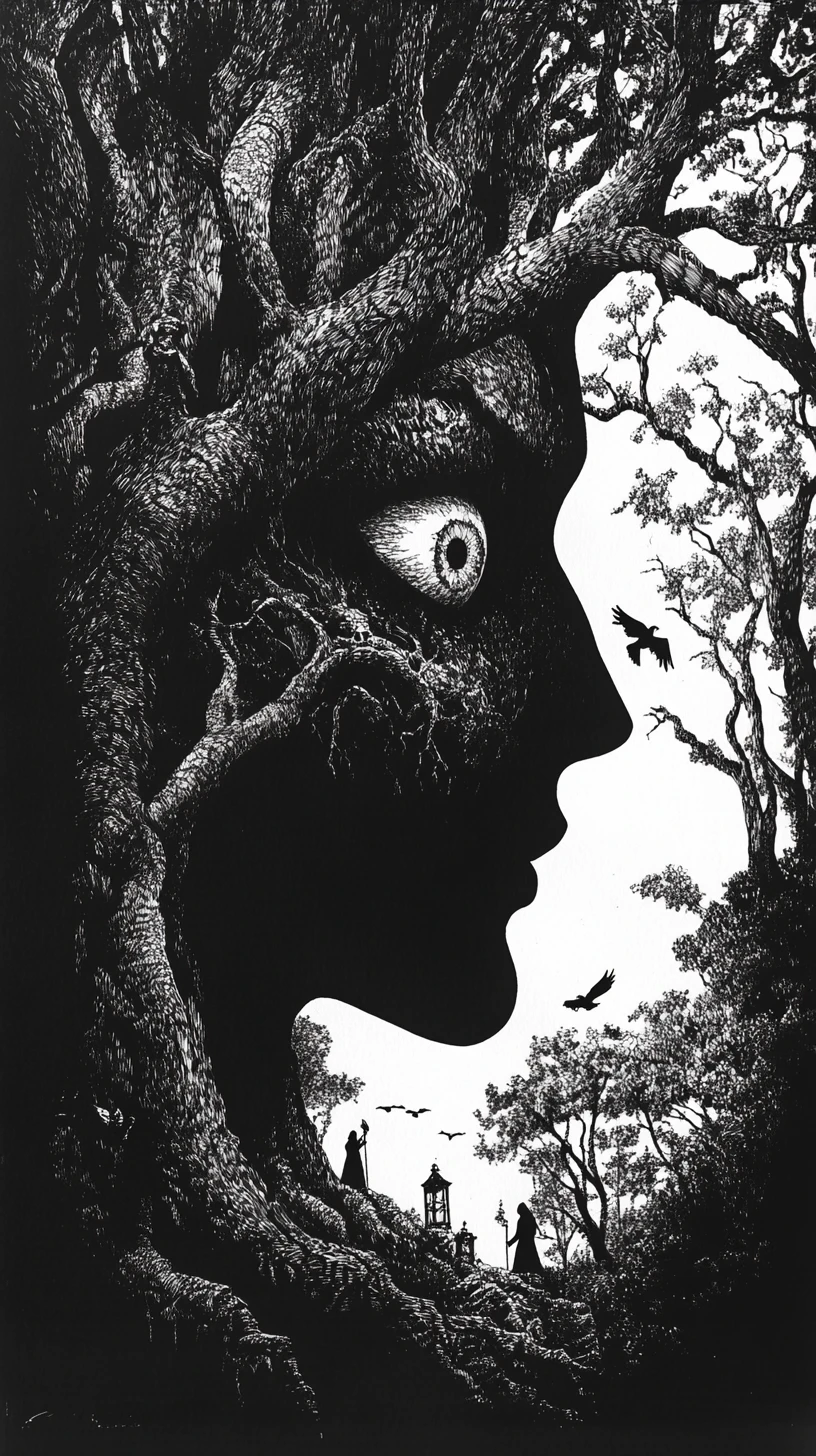 Human Silhouette Filled With Enchanted Forest And Hidden Faces