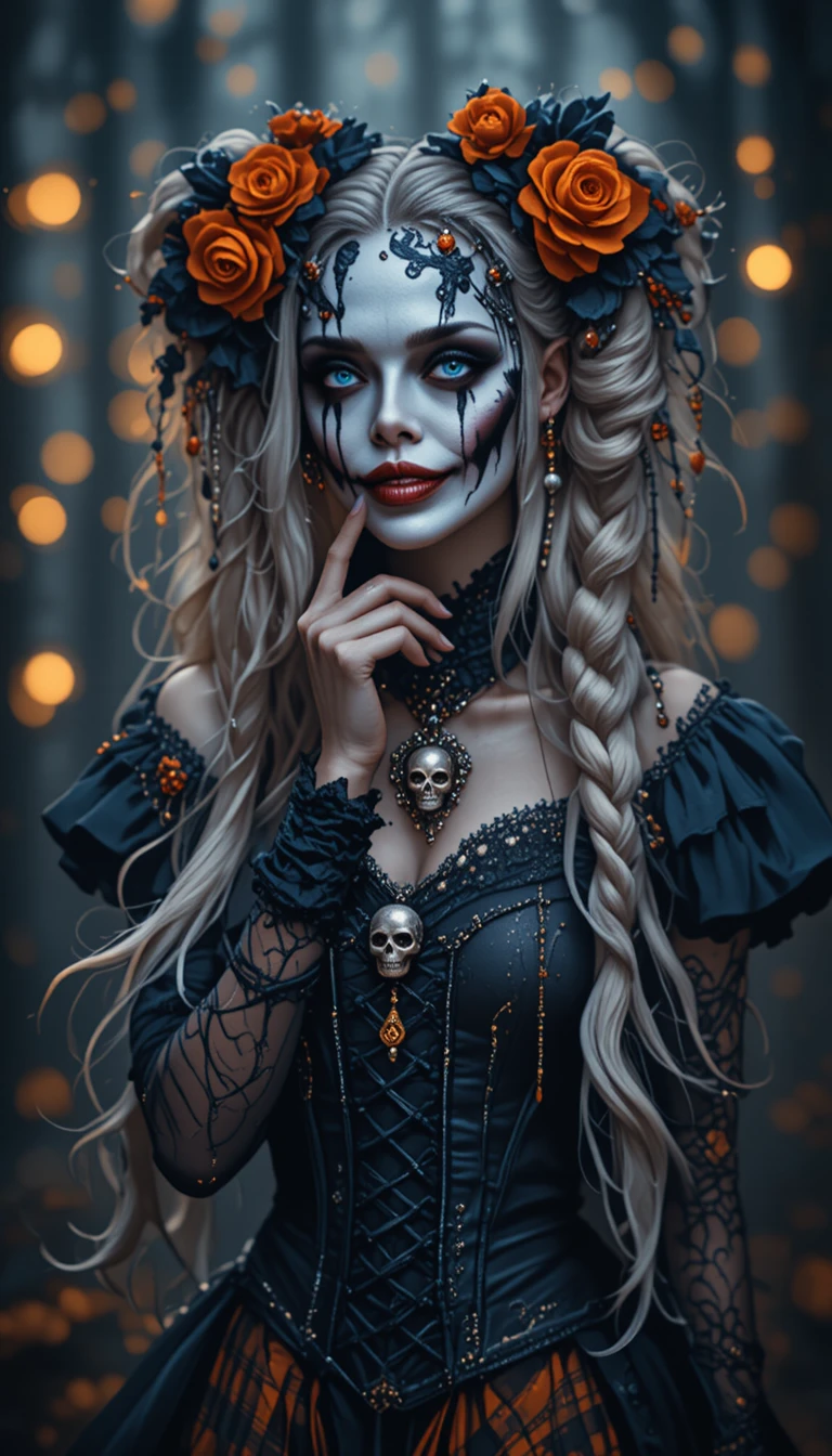 Gothic woman with clown makeup and braided pigtails