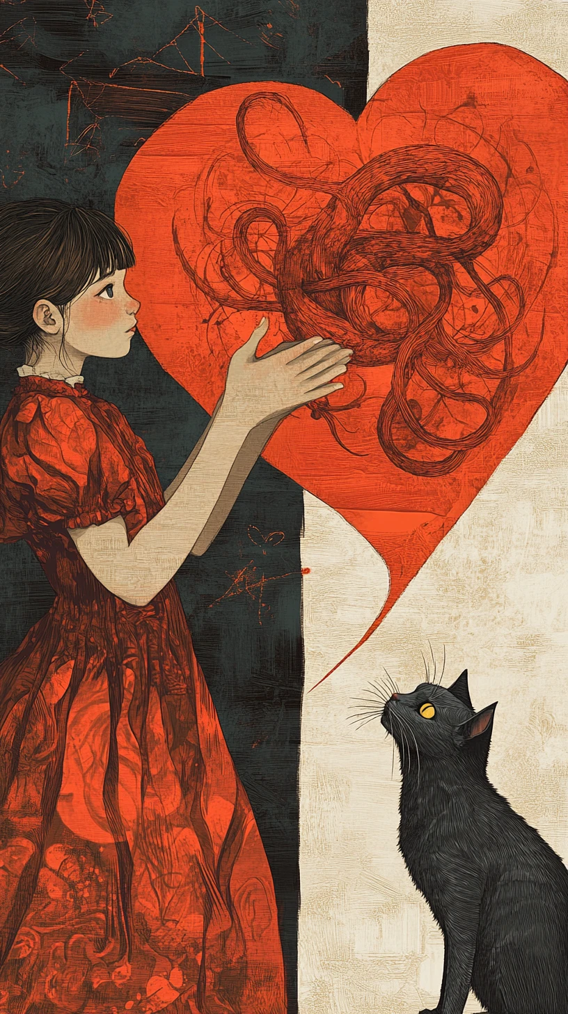 Niña formando un corazón con las manos observada por un gato